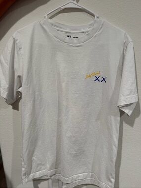 KAWS White Short Sleeve Tee with Yellow Script and Blue XX Detail